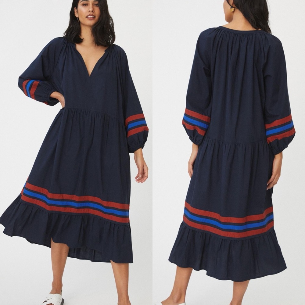 Navy Midi Peasant Dress with Red & Blue Stripes